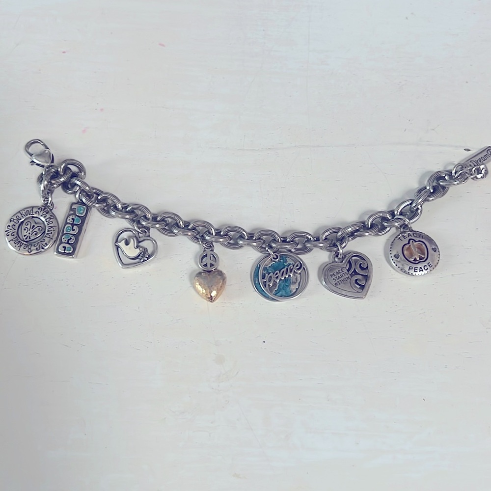 Vintage Brighton Silver/gold tone, enamel Hearts Peace Charm Bracelet